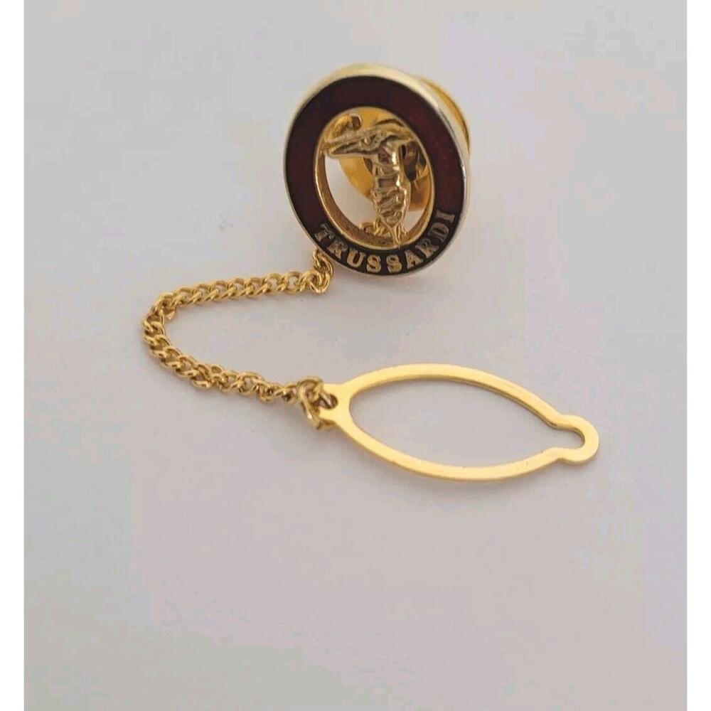 Trussardi Tie Pin Clasp Gold‎ Red Tone Logo Designer Round Oval